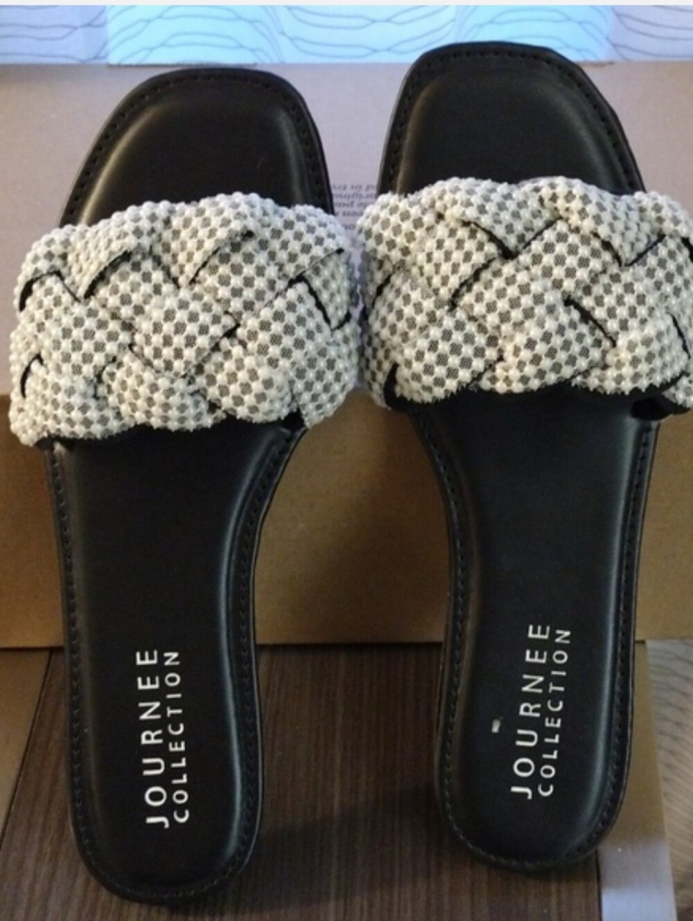 White and Black Braided Pearl & LaceSlide Sandals with Flat Sole
